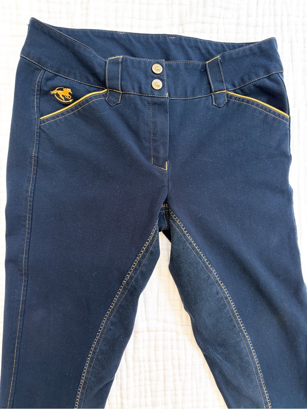 Equine Couture Natasha Breeches 28R Navy Gold Trim Knee Patch Riding Pants